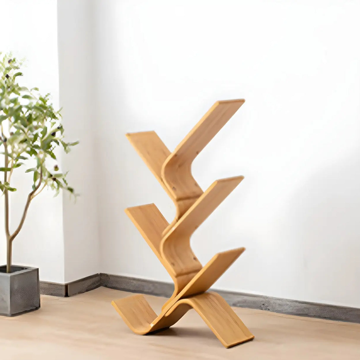 Natural Finish Open Bamboo Etagere Tree Shape Bookcase Image - 5