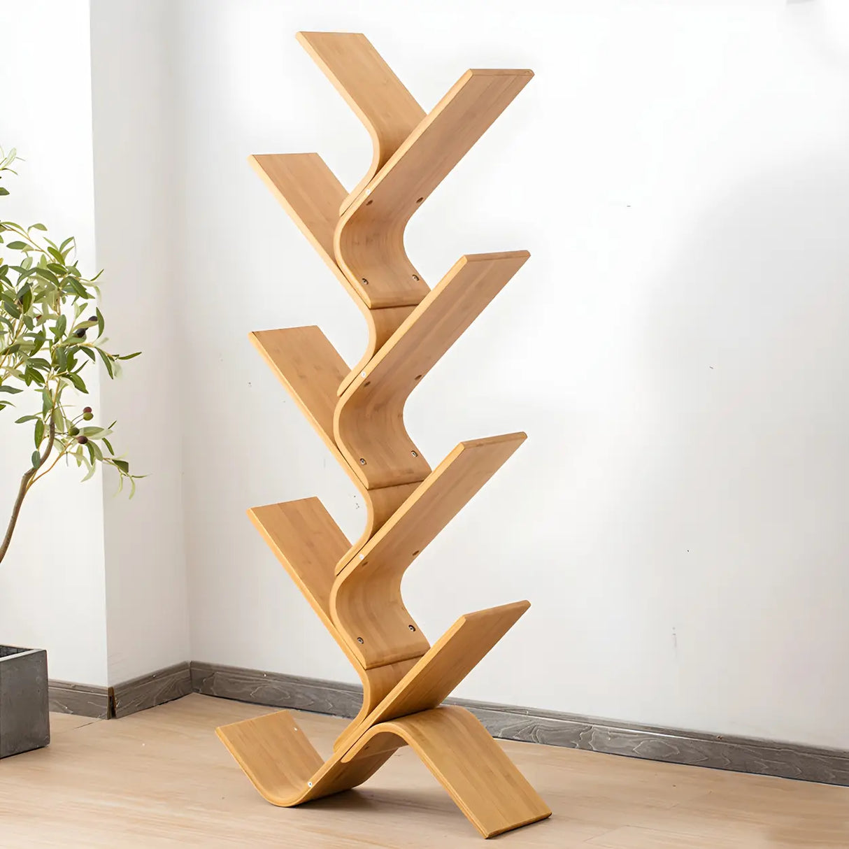 Natural Finish Open Bamboo Etagere Tree Shape Bookcase Image - 6