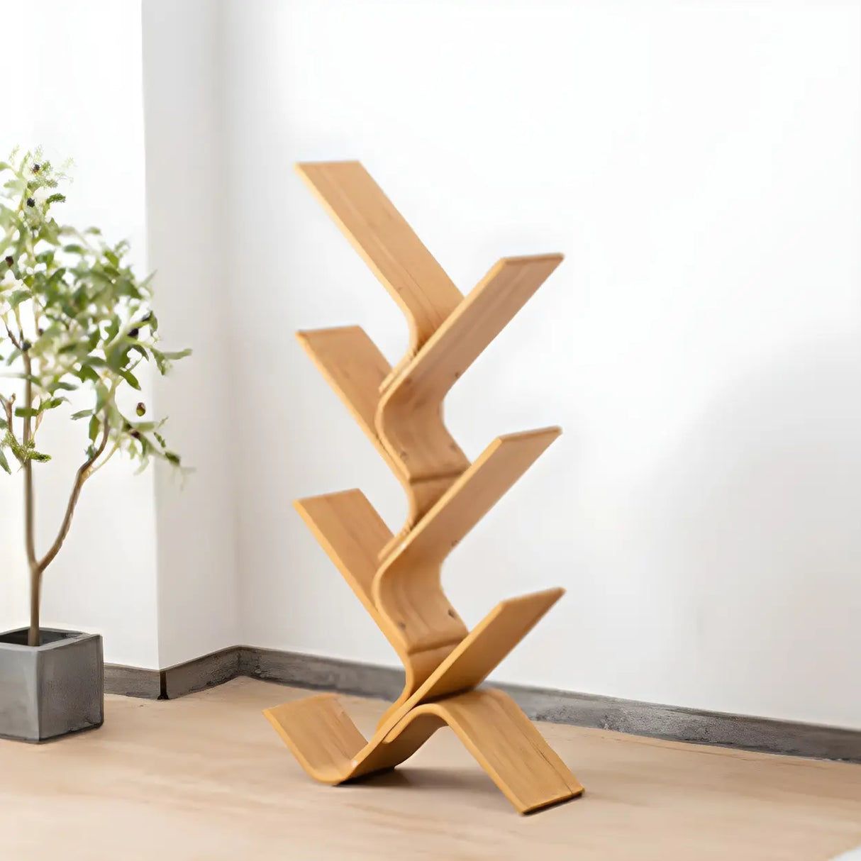 Natural Finish Open Bamboo Etagere Tree Shape Bookcase Image - 7