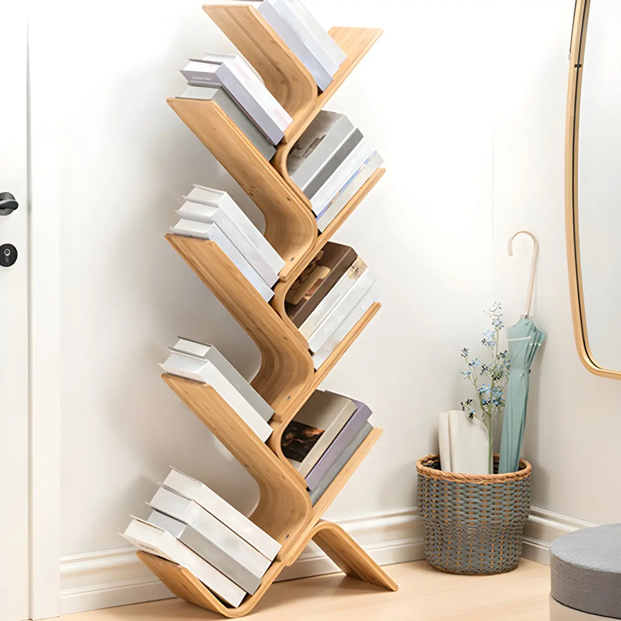 Natural Finish Open Bamboo Etagere Tree Shape Bookcase Image - 8