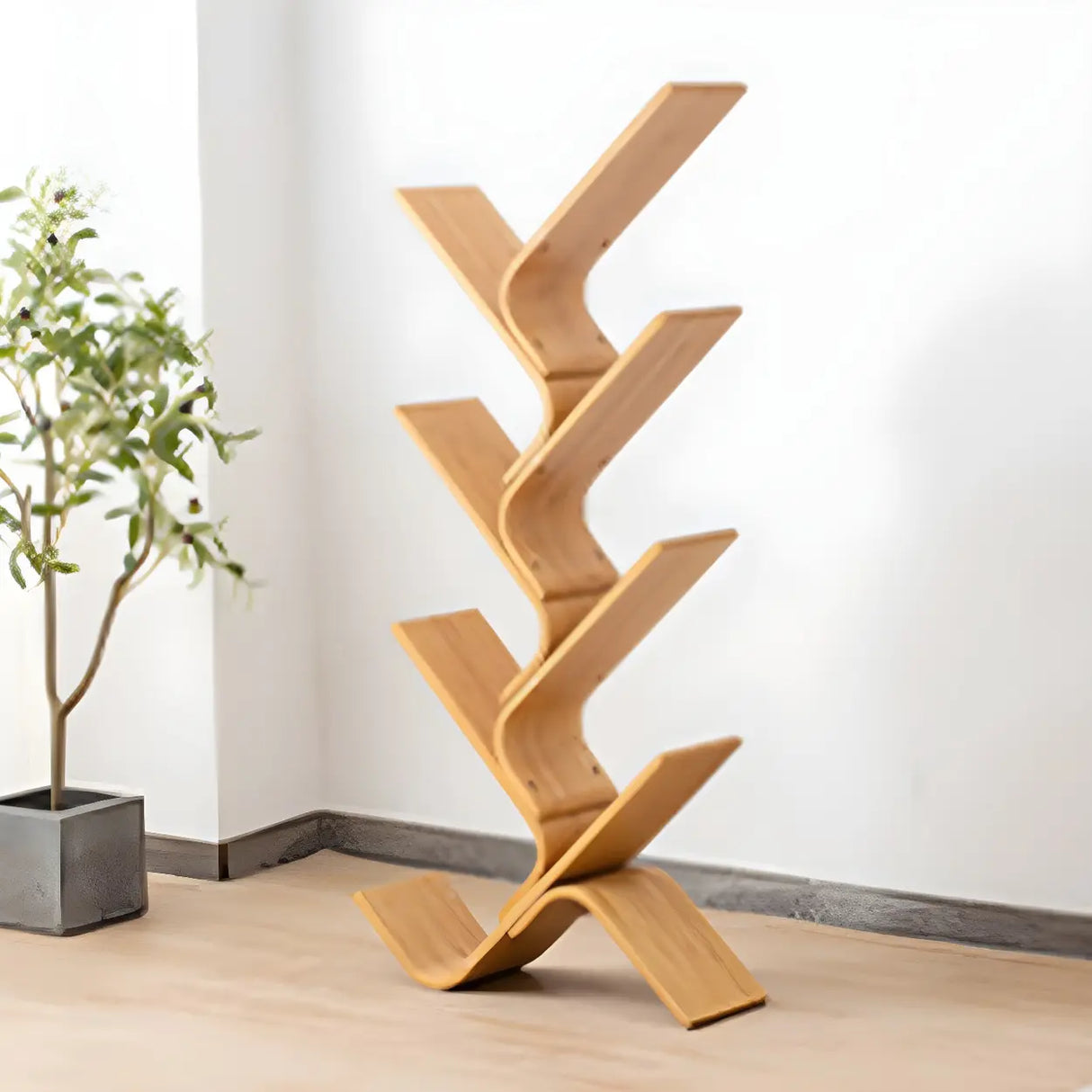 Natural Finish Open Bamboo Etagere Tree Shape Bookcase Image - 9