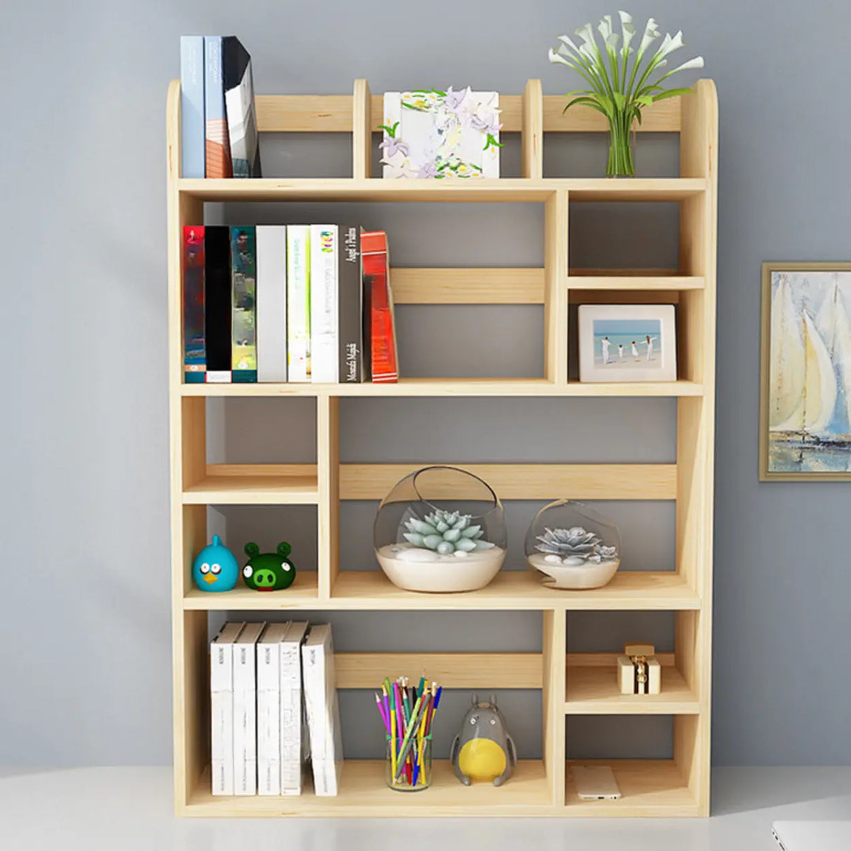 Natural Finish Open Casual Timber Storage Bookcase Image - 11