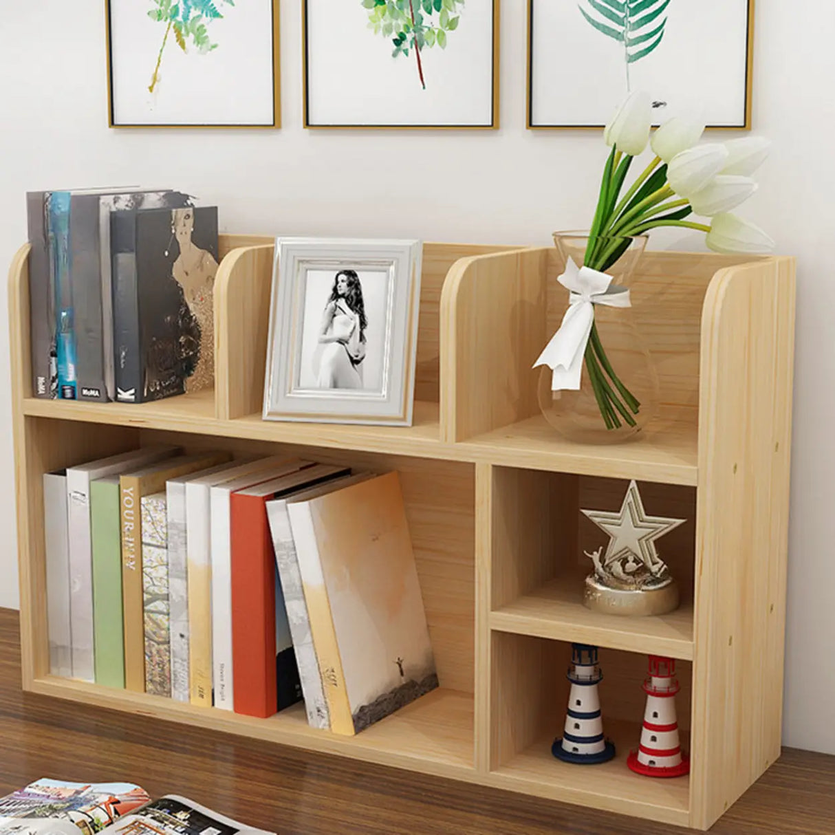 Natural Finish Open Casual Timber Storage Bookcase Image - 2