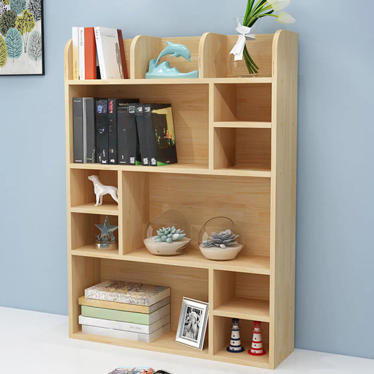 Natural Finish Open Casual Timber Storage Bookcase Image - 9