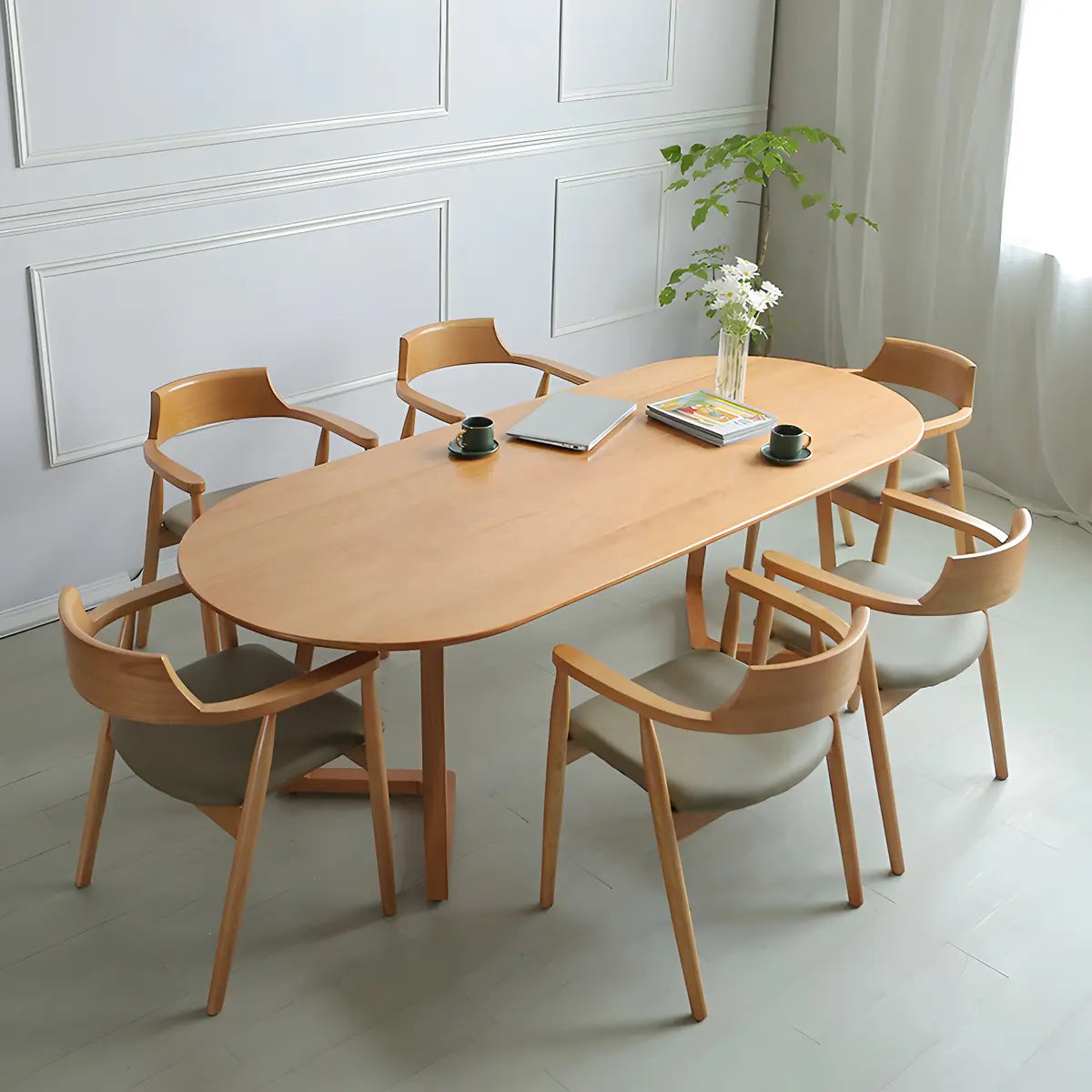 Natural Finish Oval Pine Sled Conference Desk 6-Person Image - 1