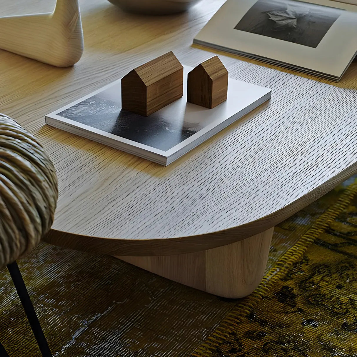 Natural Finish Pine Wood Rectangular Coffee Table Image - 7