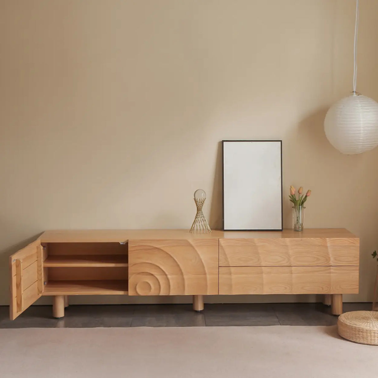 Natural Finish Pine Wood TV Stand with Cabinet Drawers Image - 12