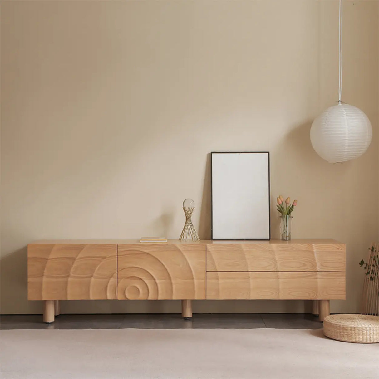 Natural Finish Pine Wood TV Stand with Cabinet Drawers Image - 4