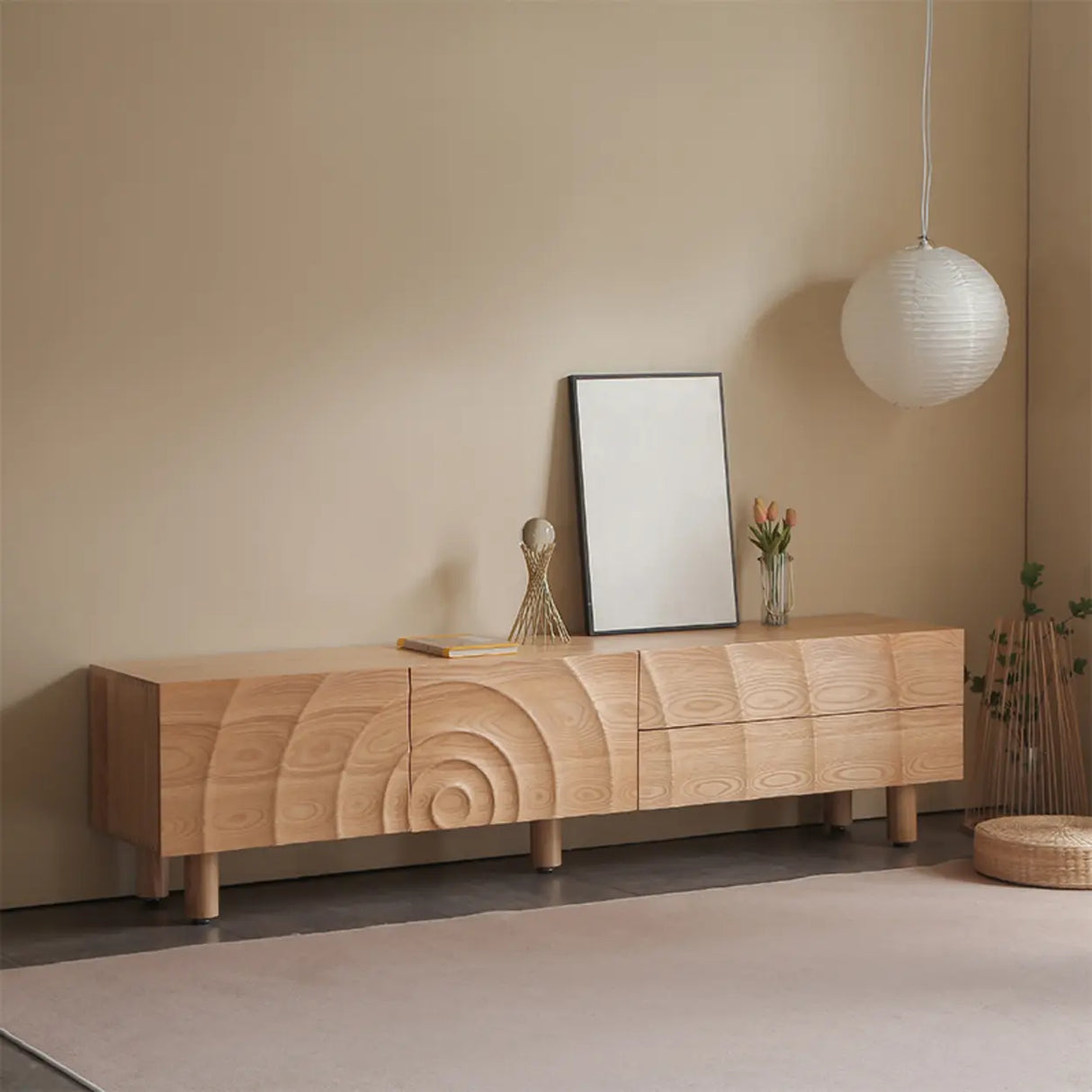 Natural Finish Pine Wood TV Stand with Cabinet Drawers Image - 5