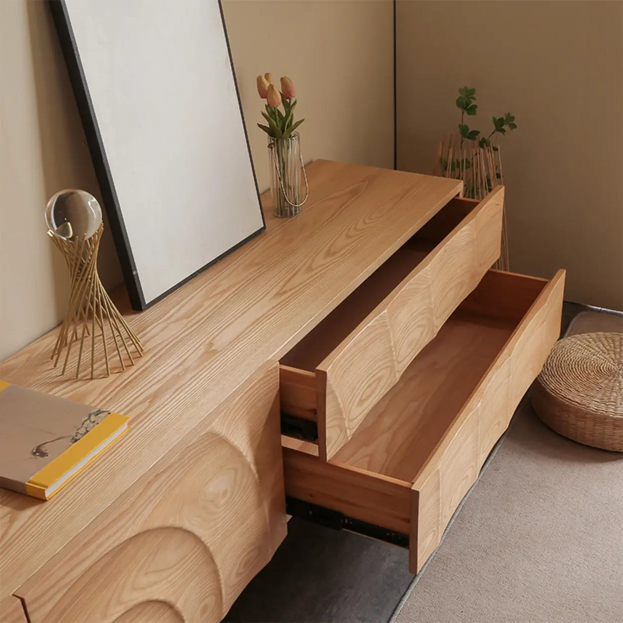 Natural Finish Pine Wood TV Stand with Cabinet Drawers Image - 6