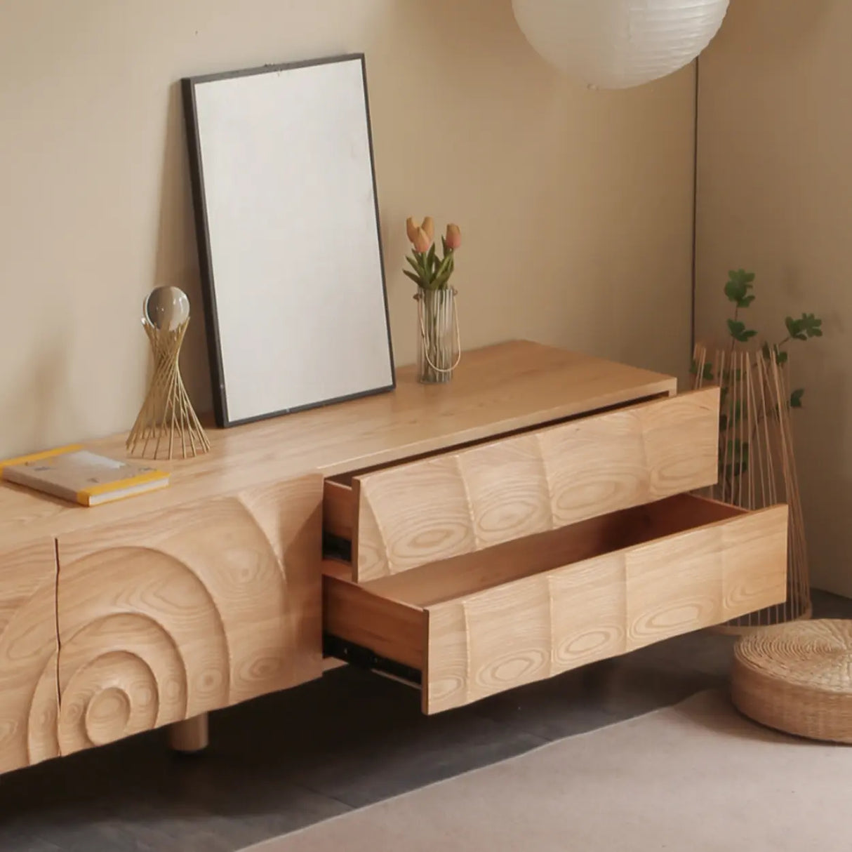 Natural Finish Pine Wood TV Stand with Cabinet Drawers Image - 8