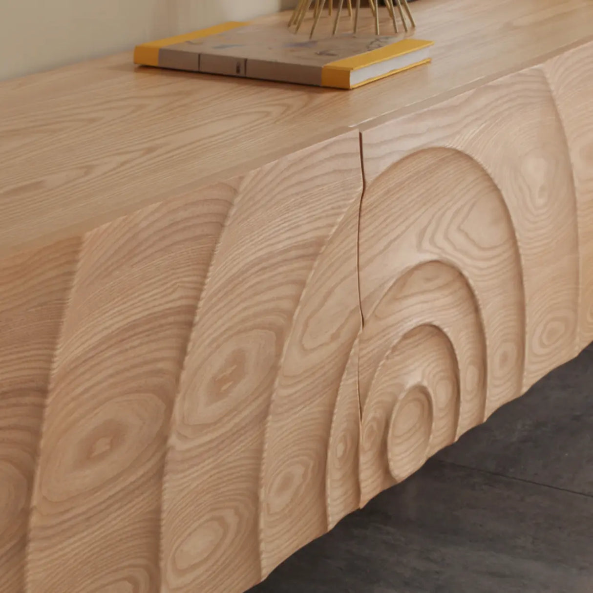 Natural Finish Pine Wood TV Stand with Cabinet Drawers Image - 9