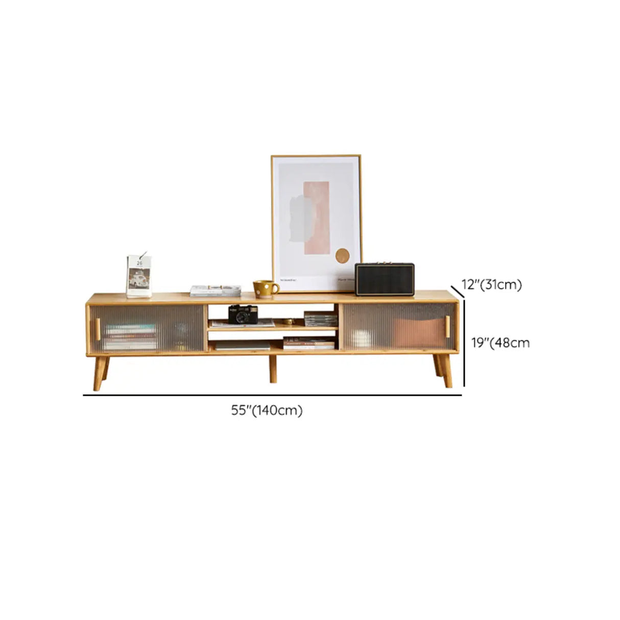 Natural Finish Rectangle Wood Open Storage TV Stand