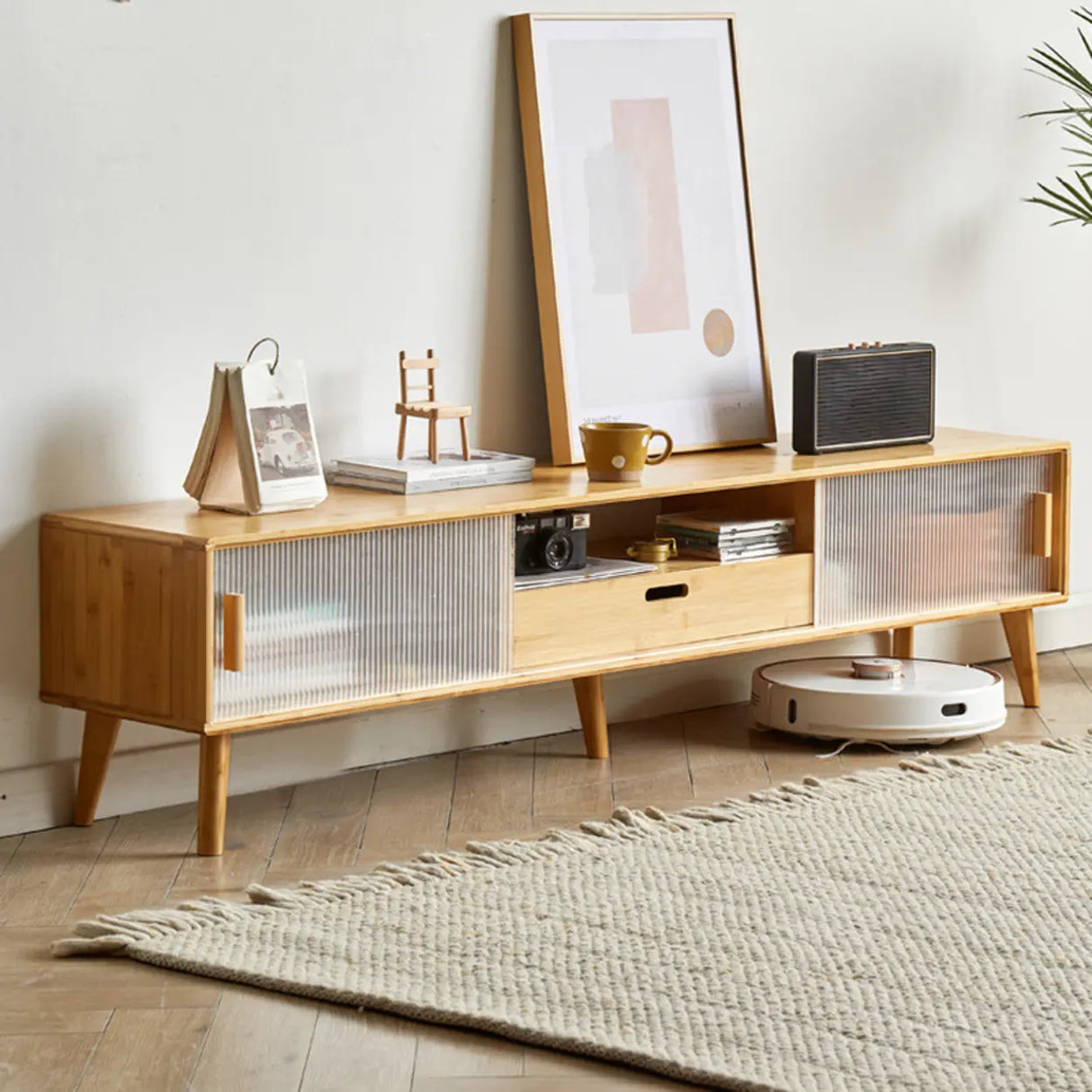 Natural Finish Rectangle Wood Open Storage TV Stand Image - 1