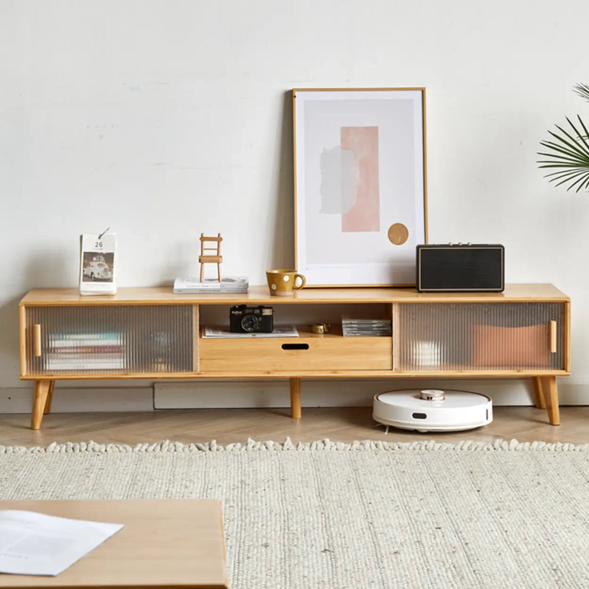 Natural Finish Rectangle Wood Open Storage TV Stand Image - 2