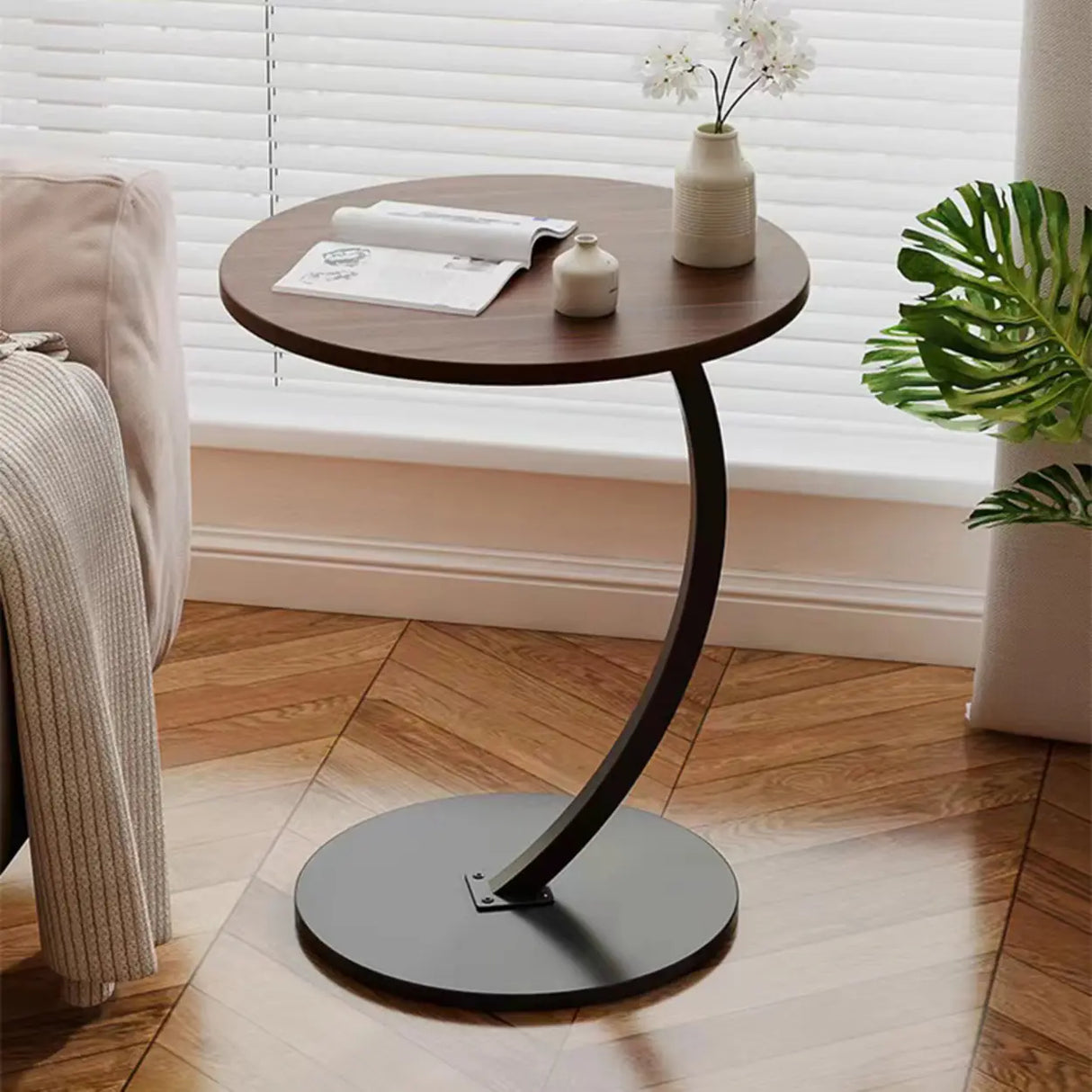 Natural Finish Round Wood Metal Base C-Shaped Side Table Image - 12