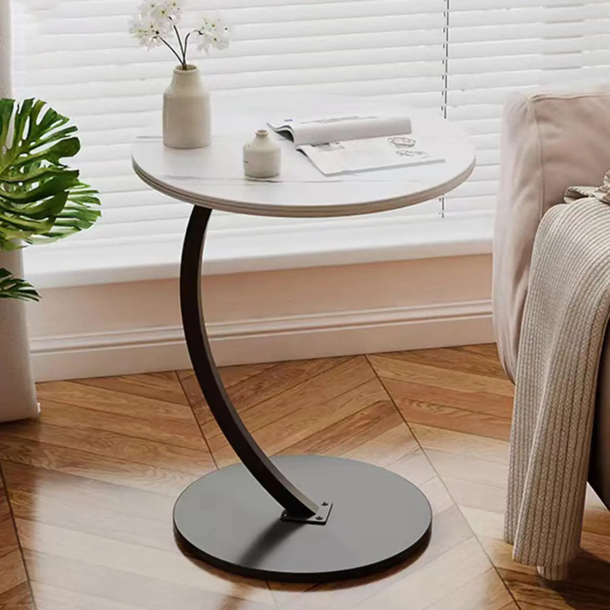 Natural Finish Round Wood Metal Base C-Shaped Side Table Image - 14