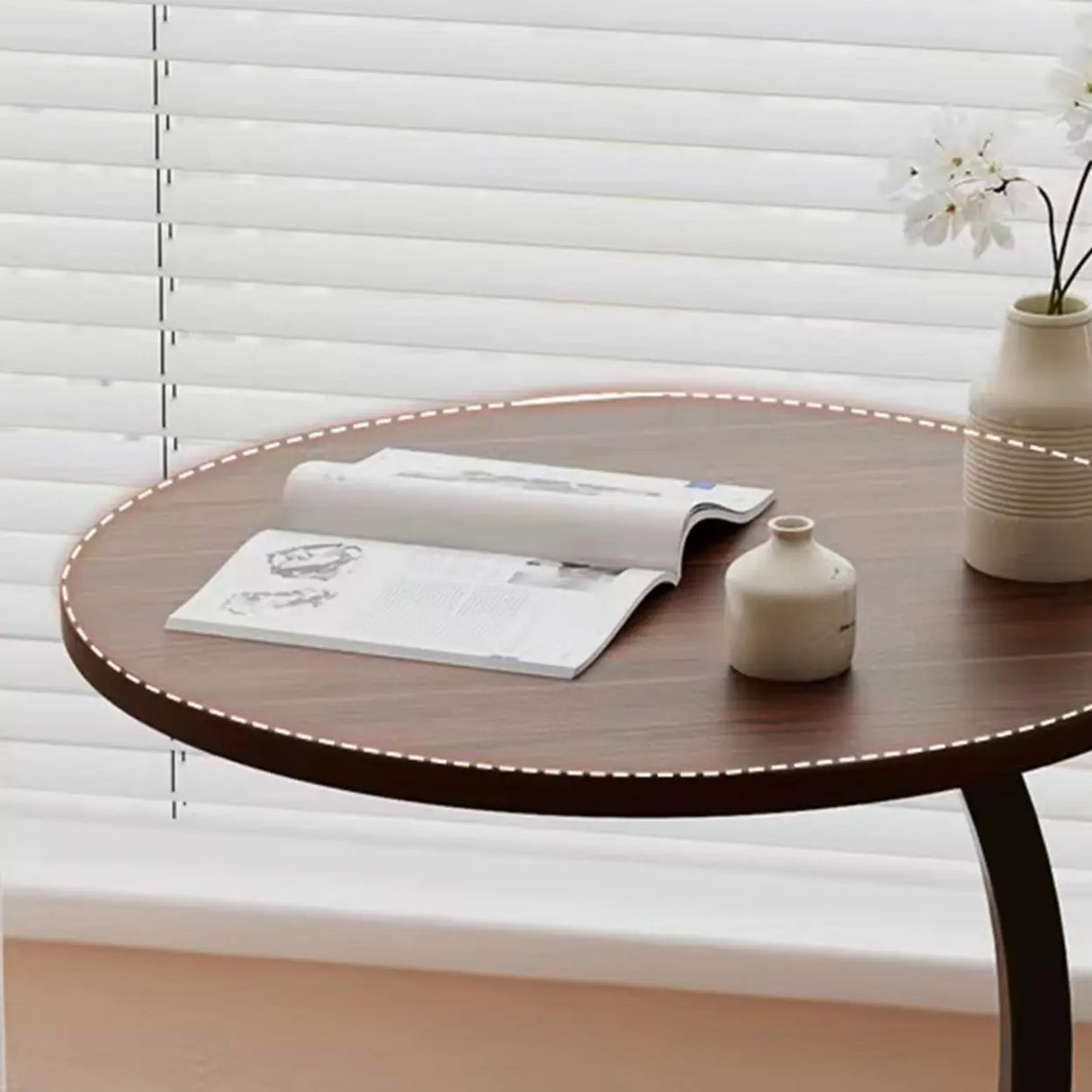 Natural Finish Round Wood Metal Base C-Shaped Side Table Image - 16