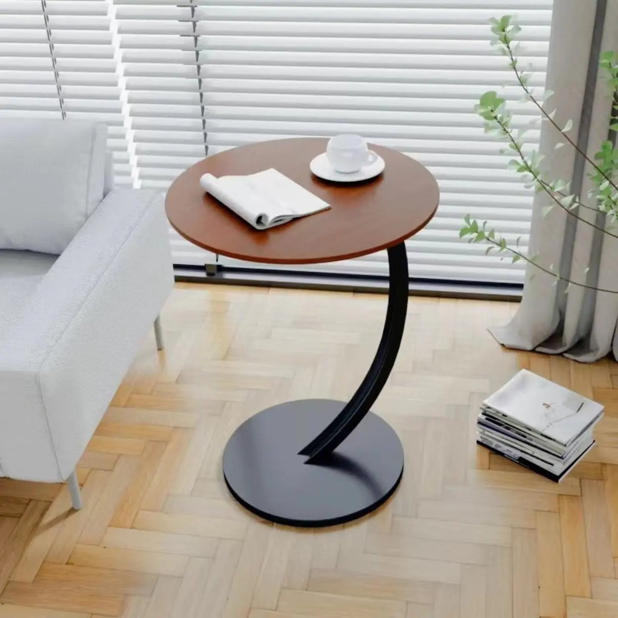 Natural Finish Round Wood Metal Base C-Shaped Side Table Image - 3