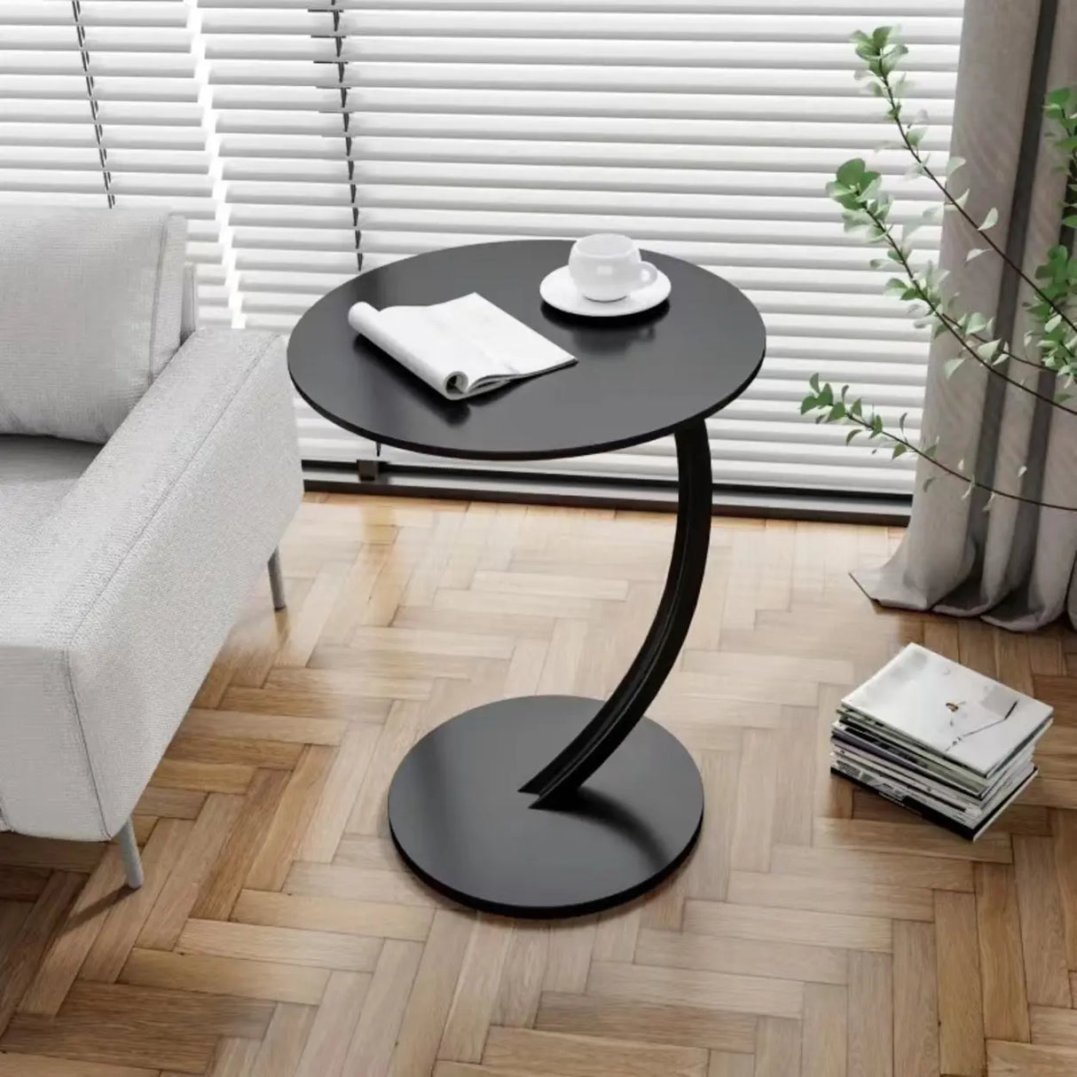 Natural Finish Round Wood Metal Base C-Shaped Side Table Image - 6