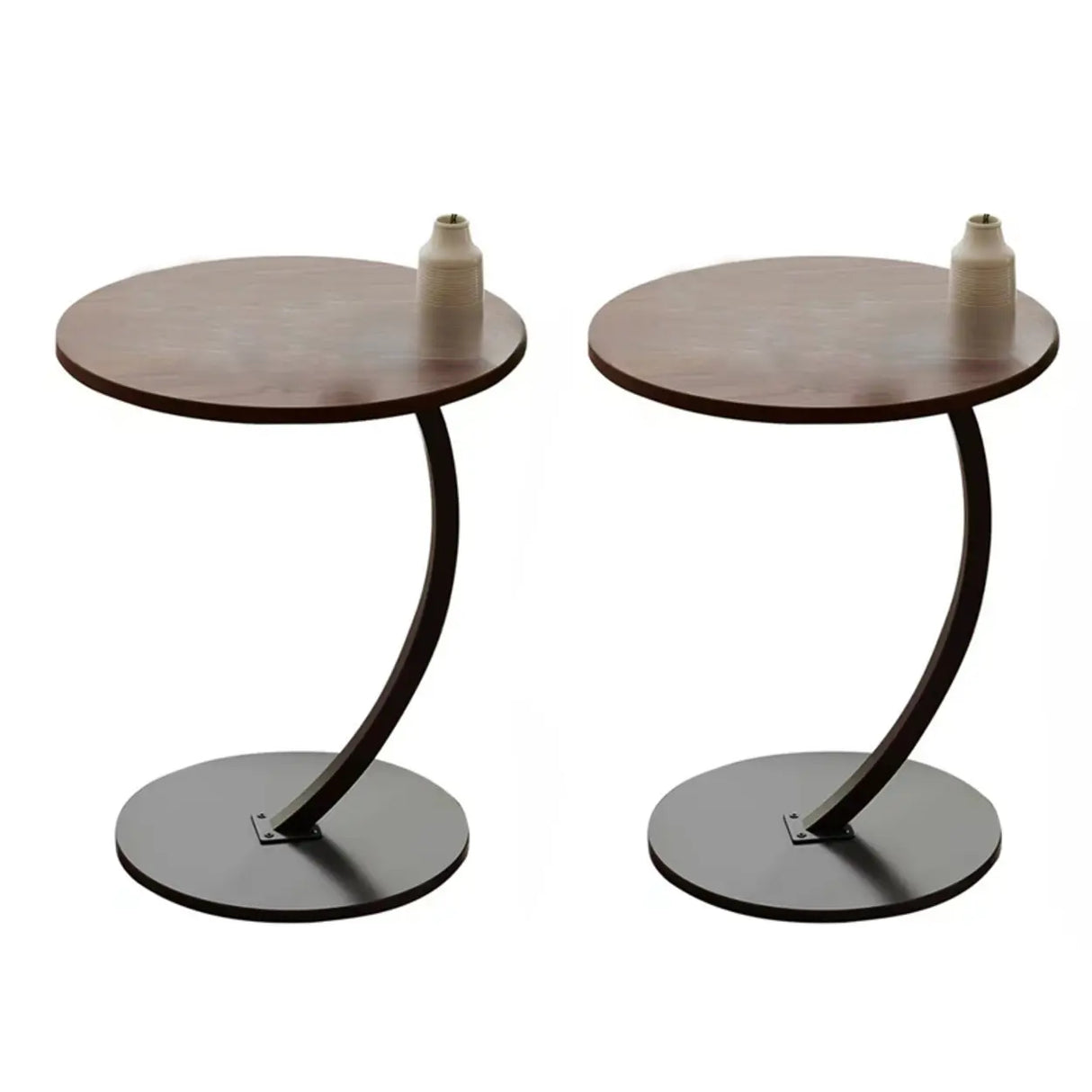 Natural Finish Round Wood Metal Base C-Shaped Side Table Image - 9