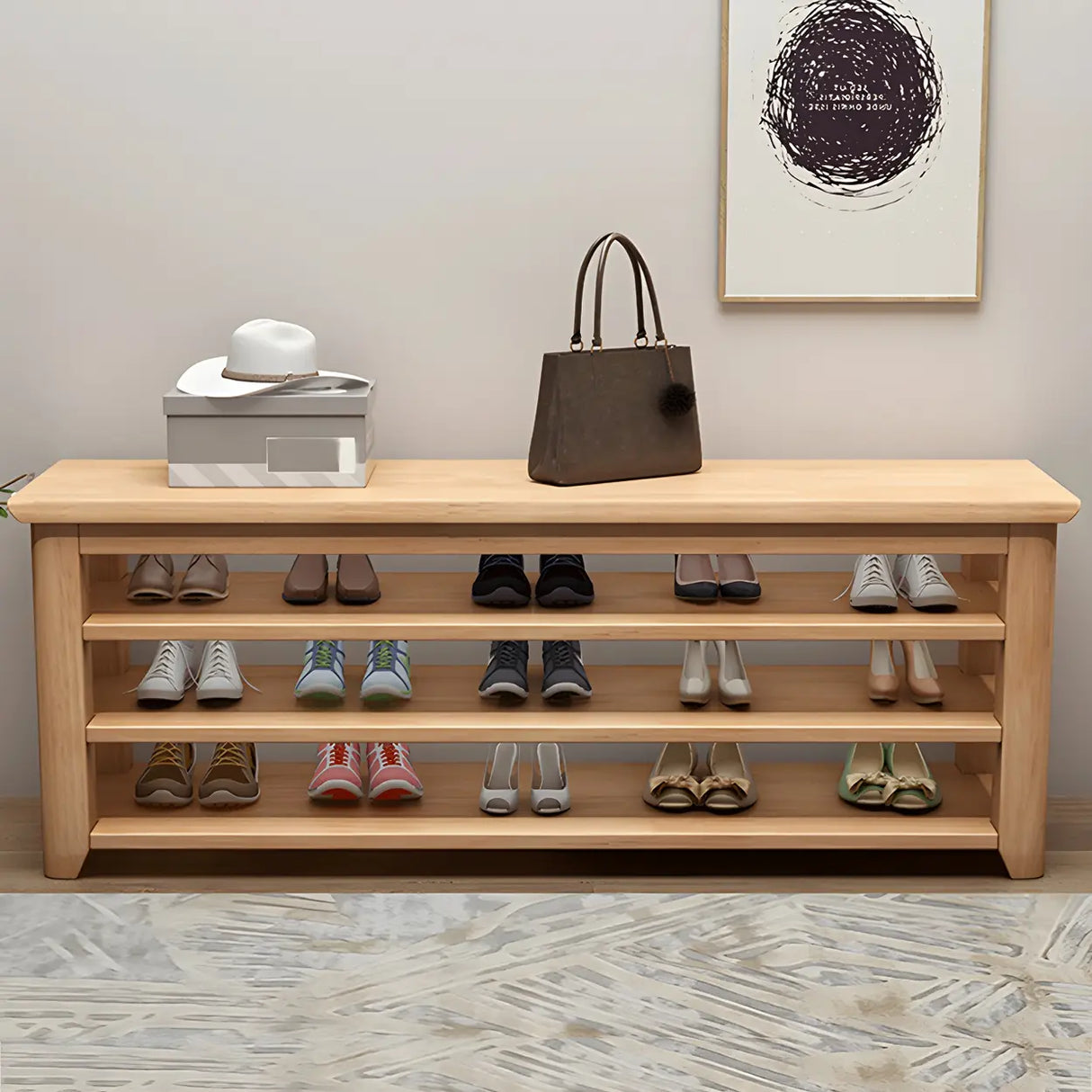 Natural Finish Rubberwood Entryway Bench with Shelves Image - 1