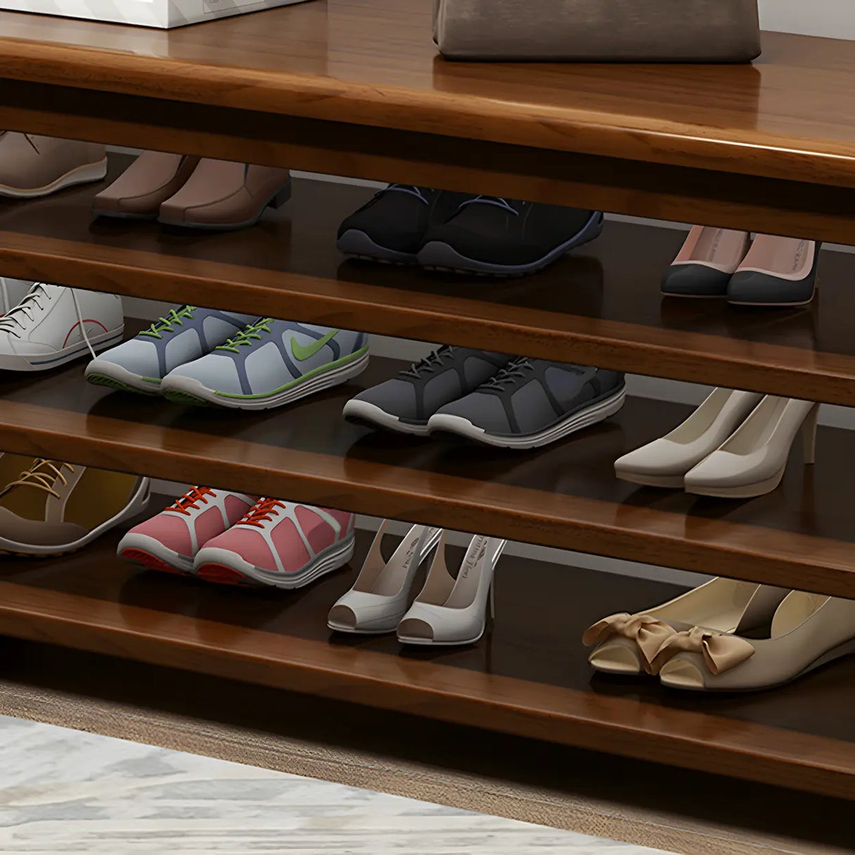 Natural Finish Rubberwood Entryway Bench with Shelves Image - 11