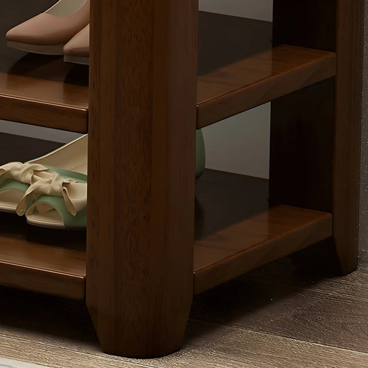 Natural Finish Rubberwood Entryway Bench with Shelves Image - 12