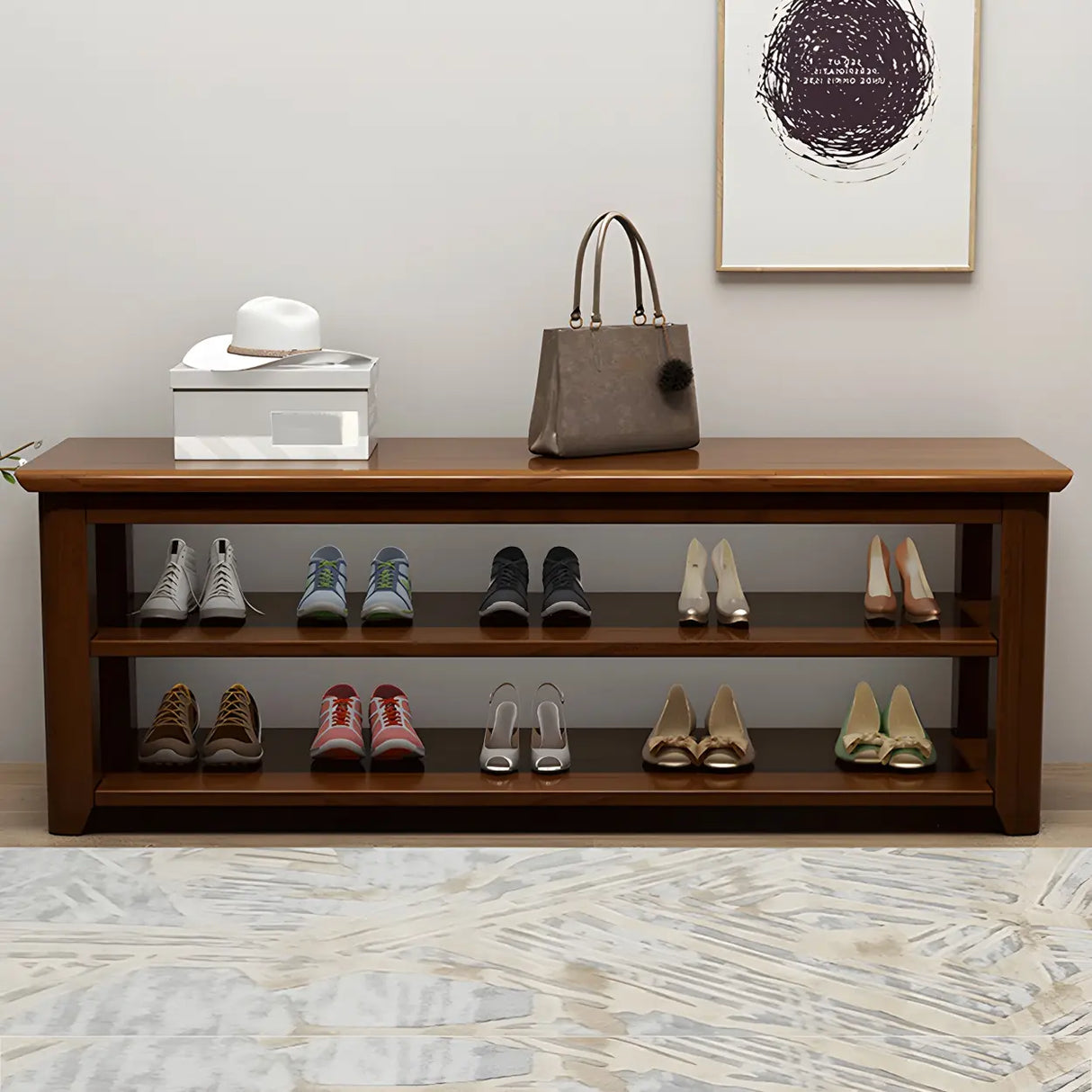 Natural Finish Rubberwood Entryway Bench with Shelves Image - 4