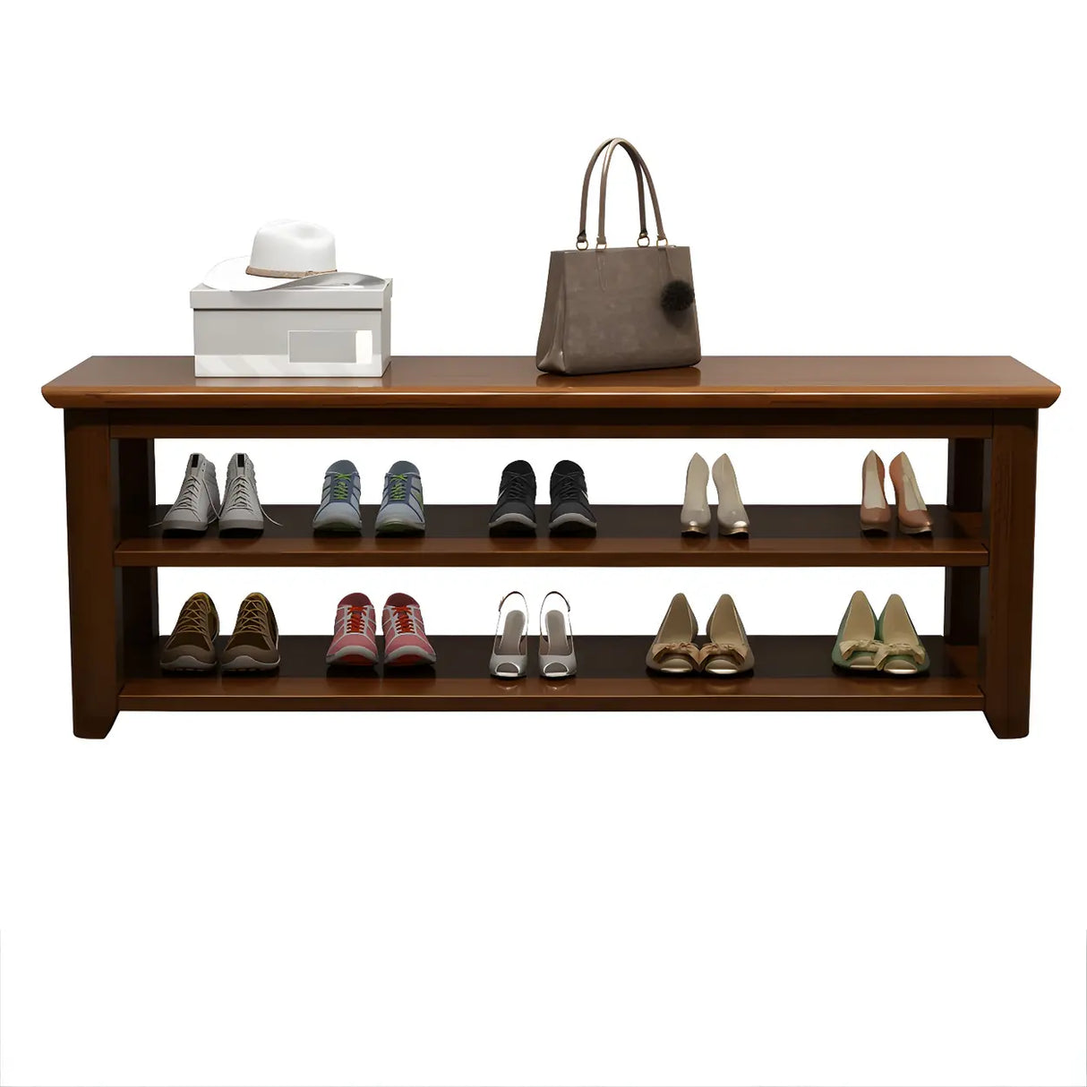 Natural Finish Rubberwood Entryway Bench with Shelves Image - 5