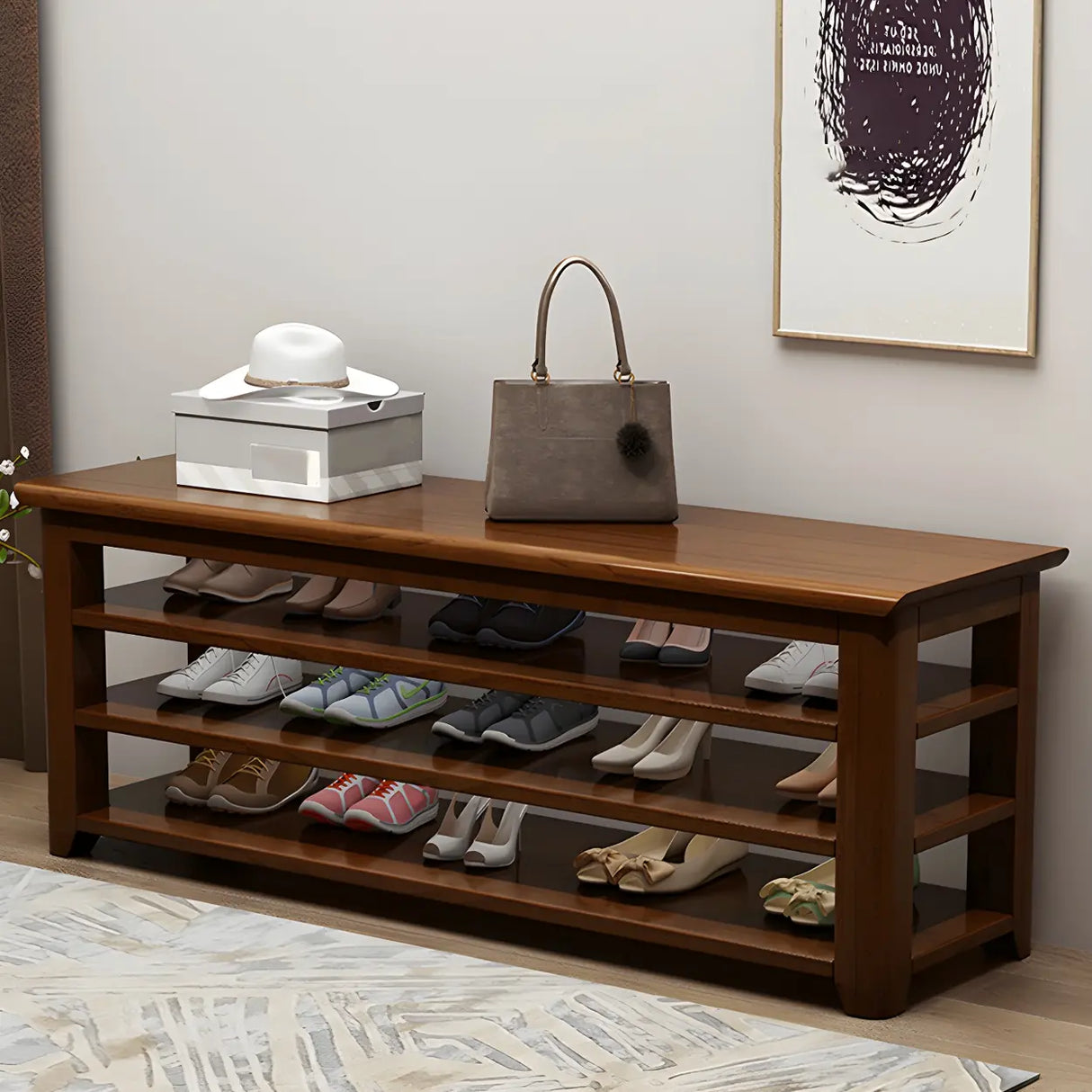Natural Finish Rubberwood Entryway Bench with Shelves Image - 6