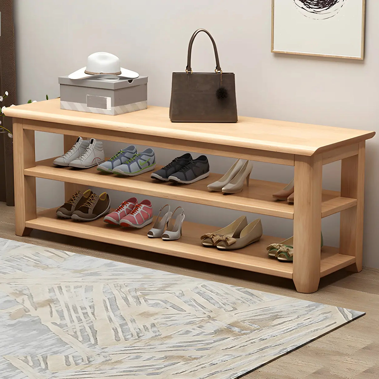 Natural Finish Rubberwood Entryway Bench with Shelves Image - 7