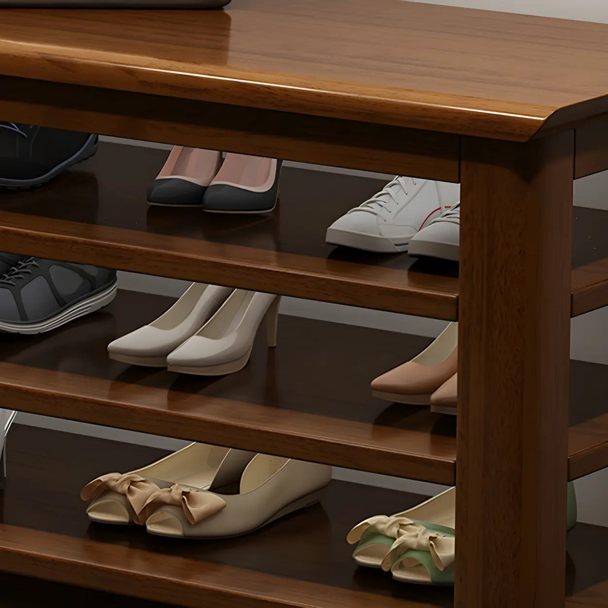 Natural Finish Rubberwood Entryway Bench with Shelves Image - 9