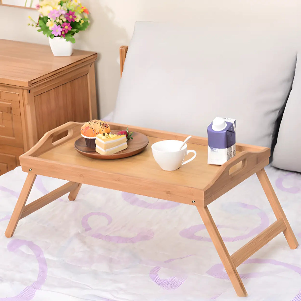 Natural Finish Small Single Folding Bamboo Tray Desk Image - 3