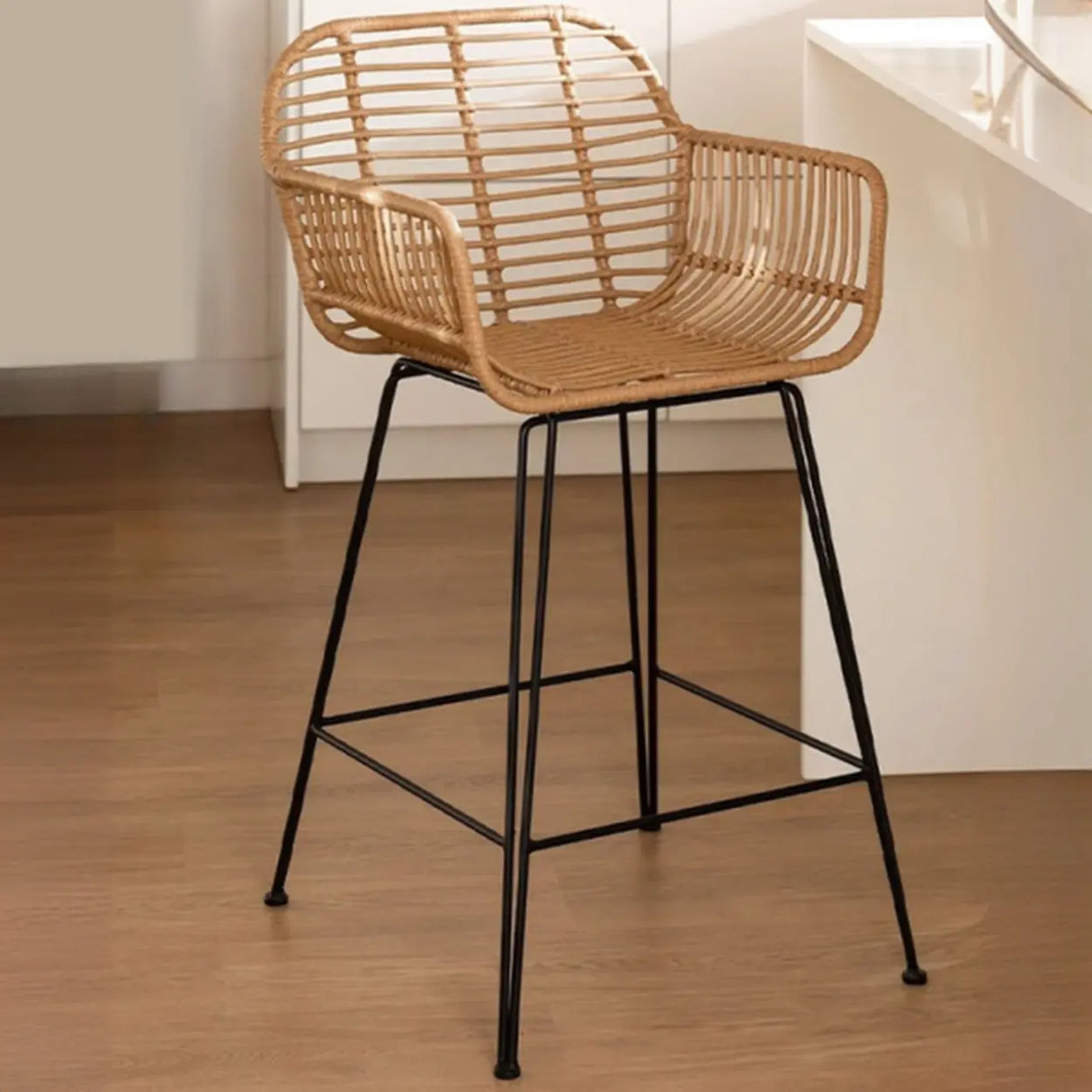 Natural Finish Square Bar Stool with Metal Four Legs Image - 1