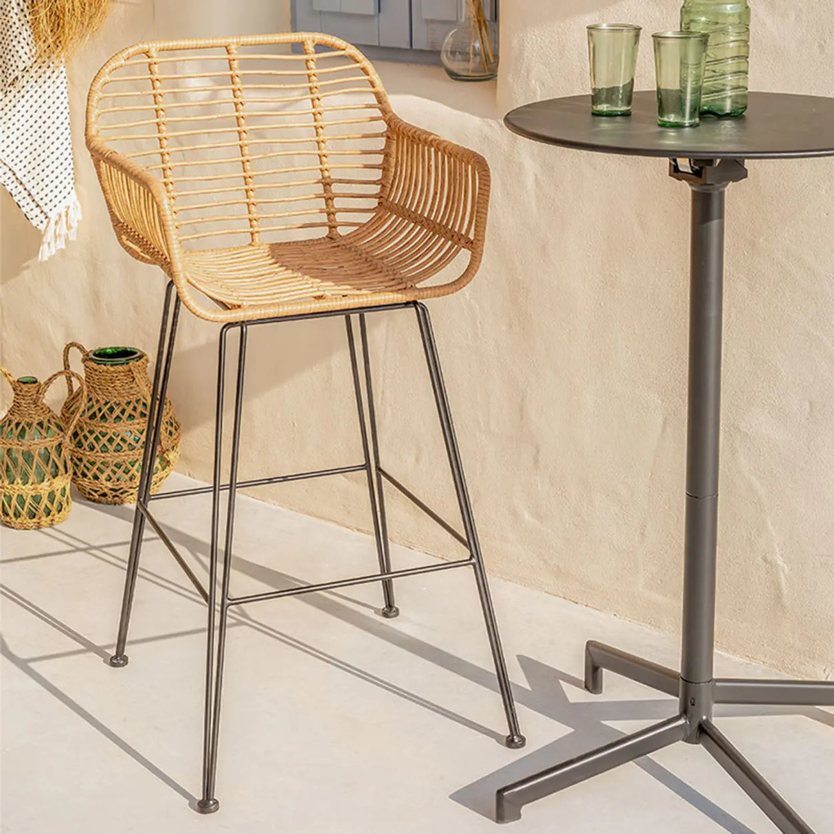 Natural Finish Square Bar Stool with Metal Four Legs Image - 4