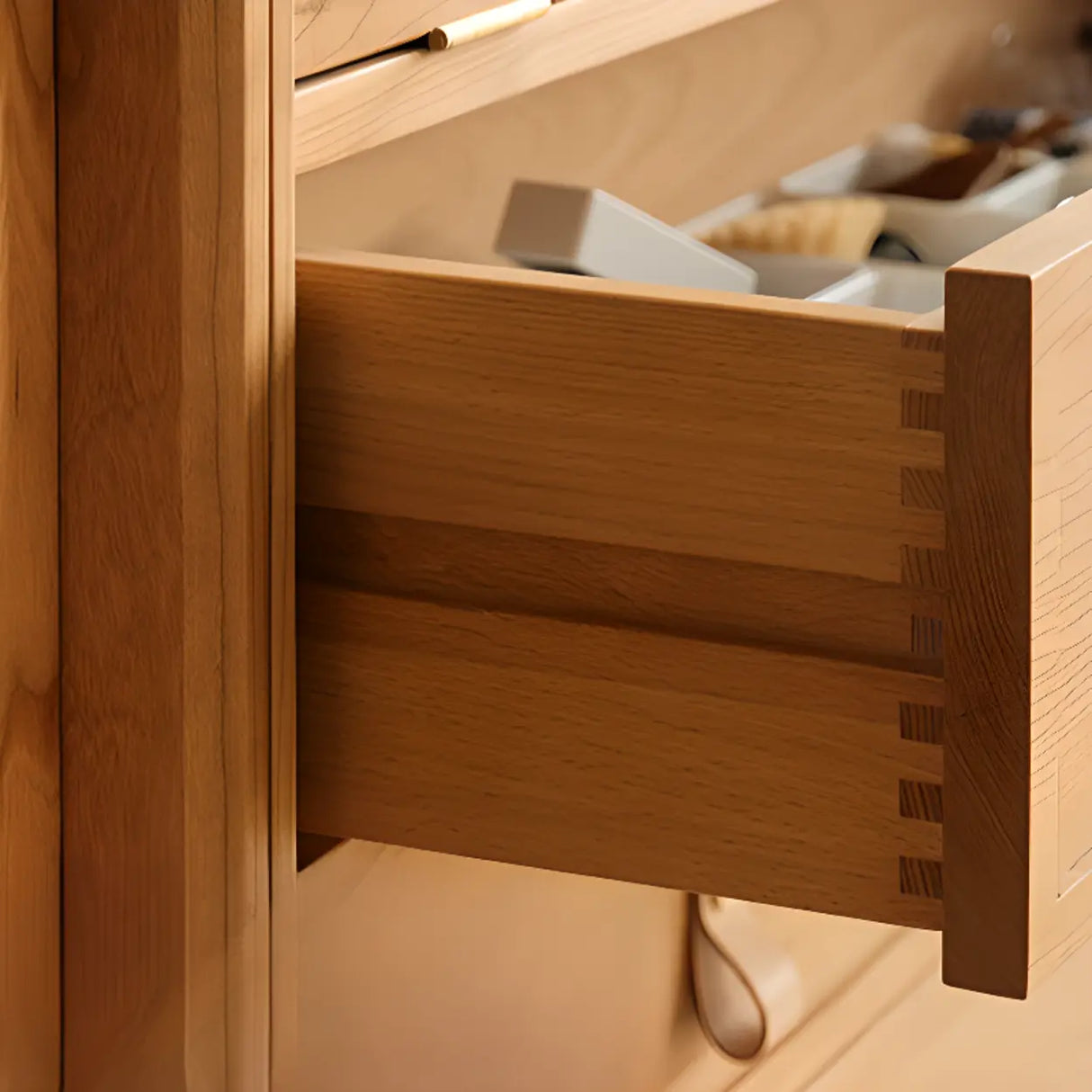 Natural Finish Square Oak Living Room Display Cabinet Image - 11