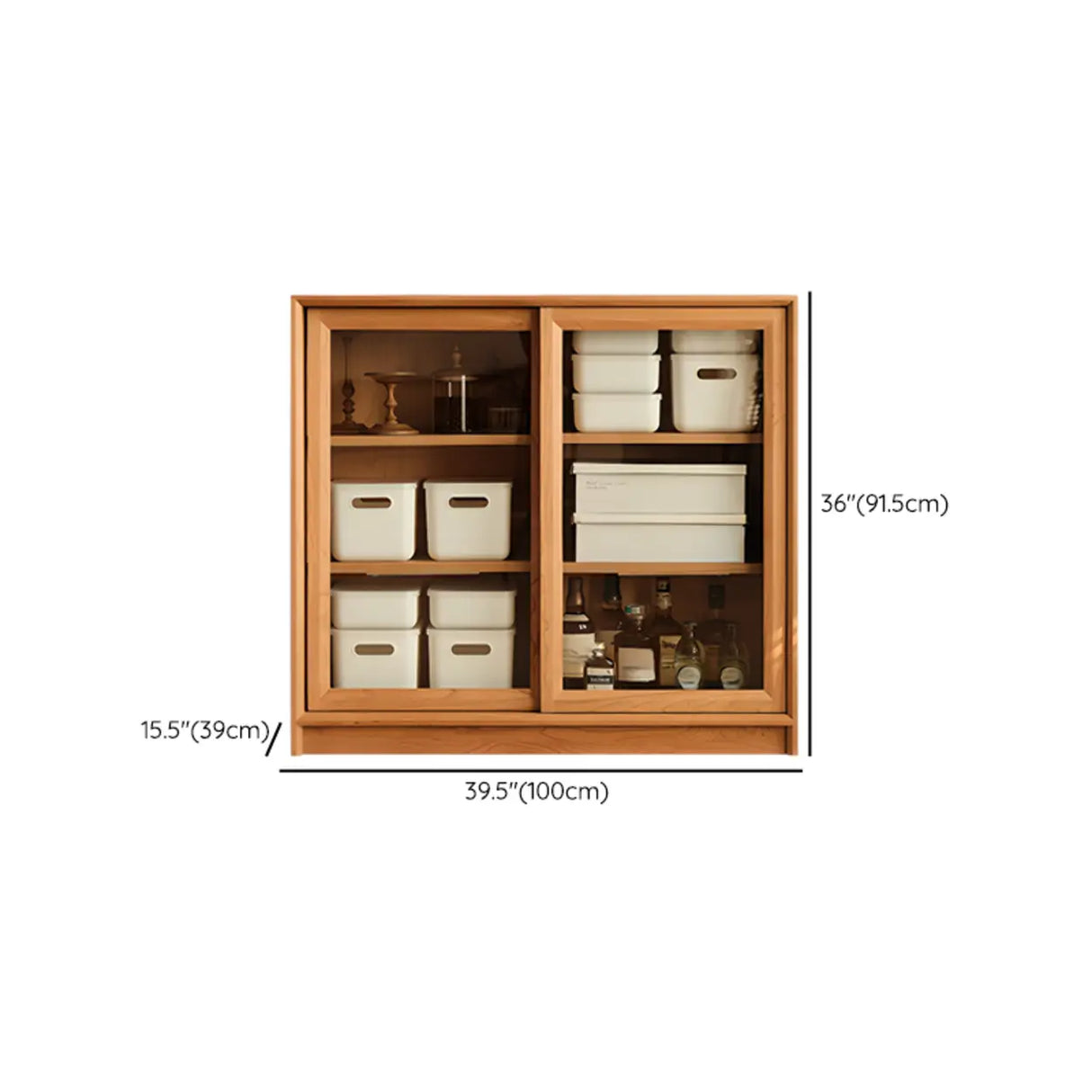 Natural Finish Square Oak Living Room Display Cabinet Image - 14