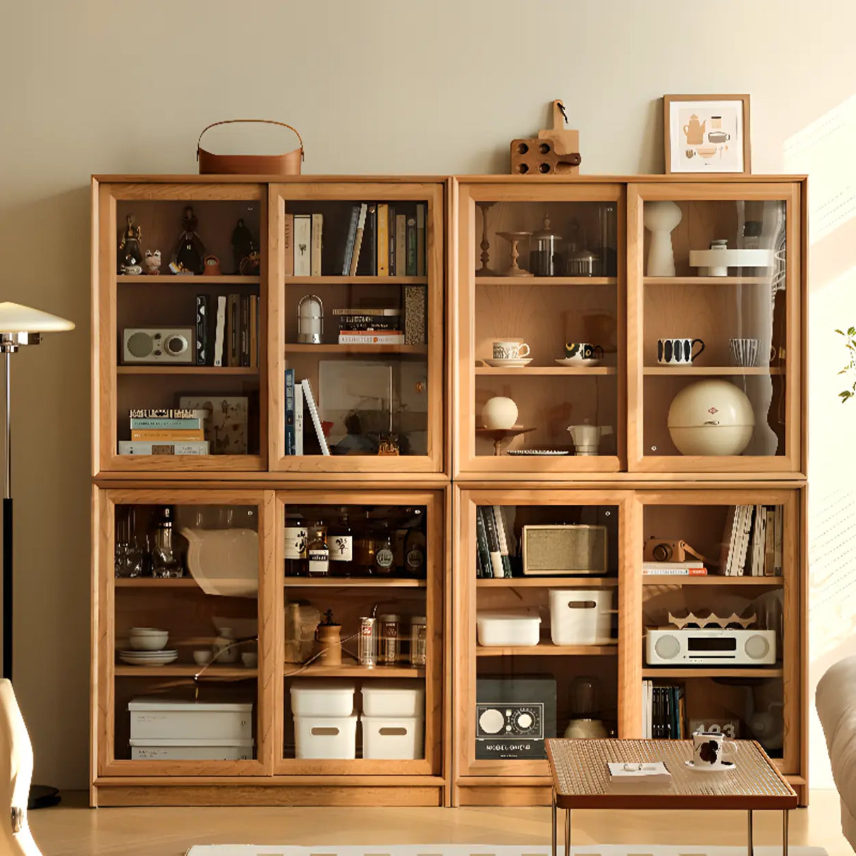 Natural Finish Square Oak Living Room Display Cabinet Image - 1