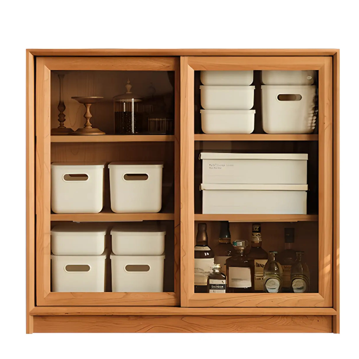 Natural Finish Square Oak Living Room Display Cabinet Image - 3