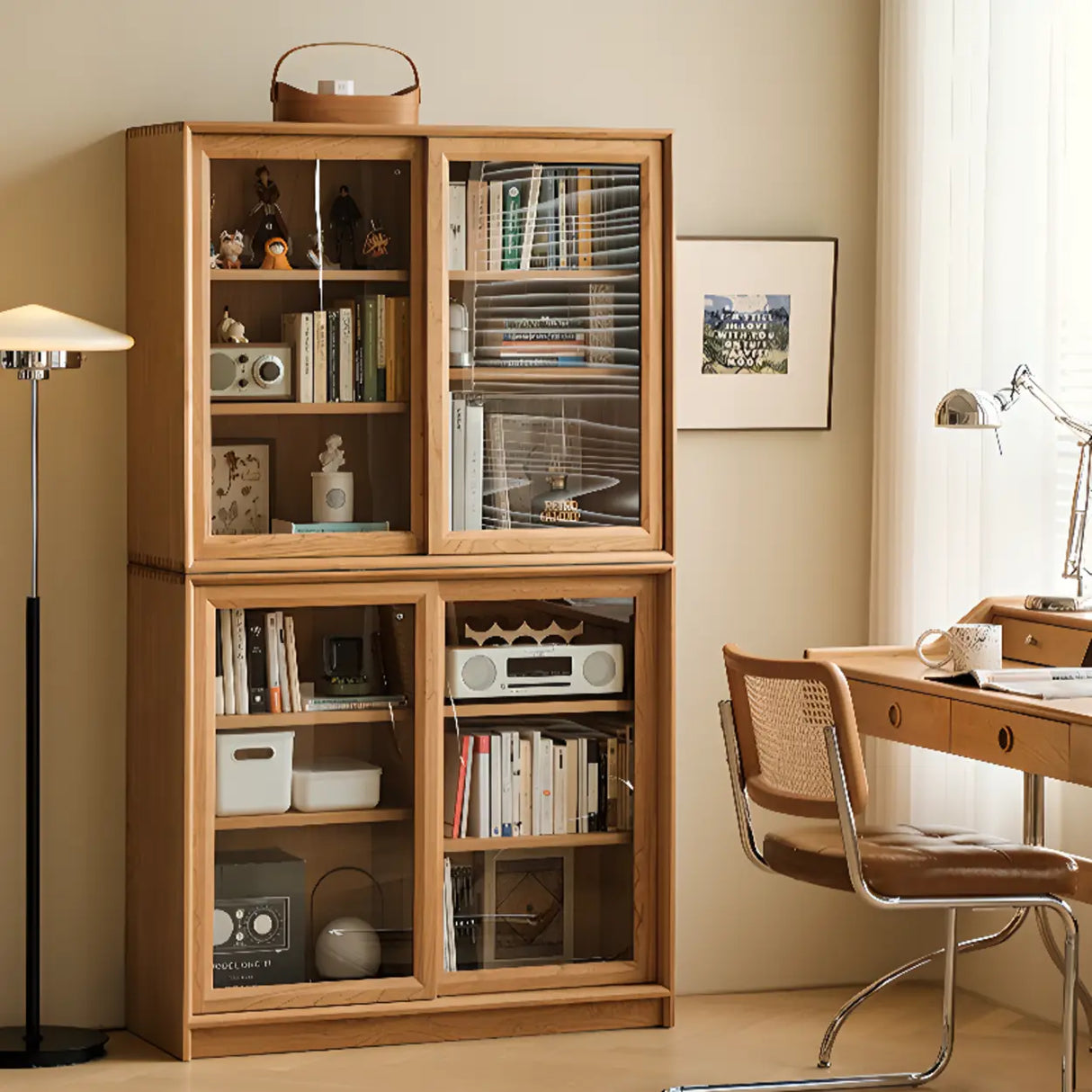 Natural Finish Square Oak Living Room Display Cabinet Image - 4