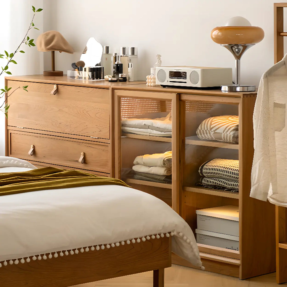 Natural Finish Square Oak Living Room Display Cabinet Image - 6