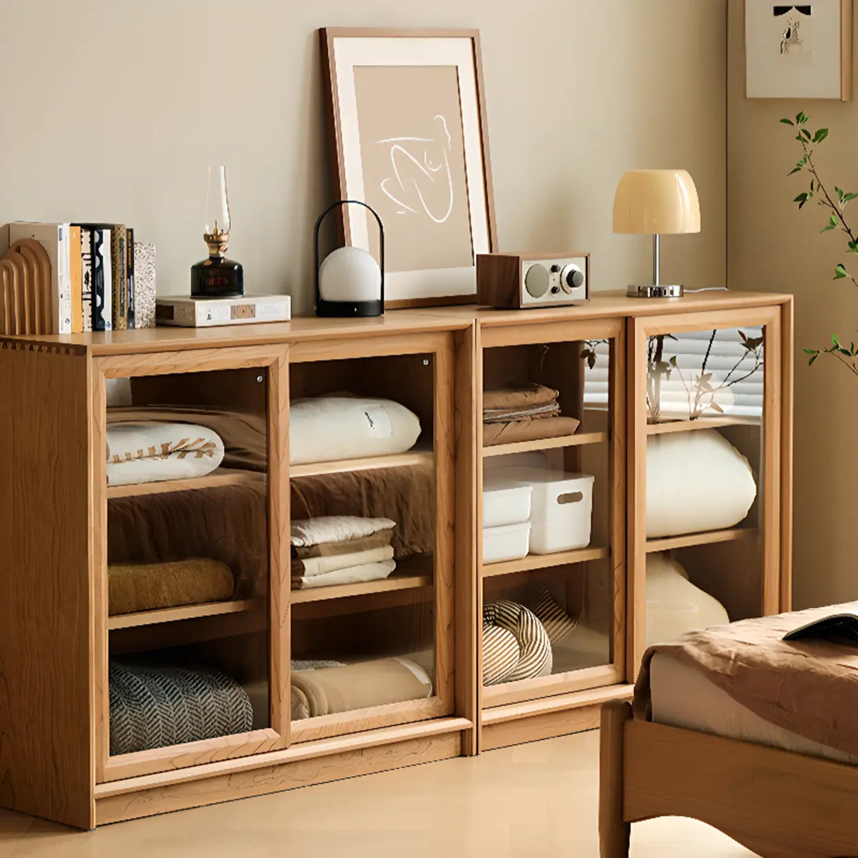 Natural Finish Square Oak Living Room Display Cabinet Image - 8