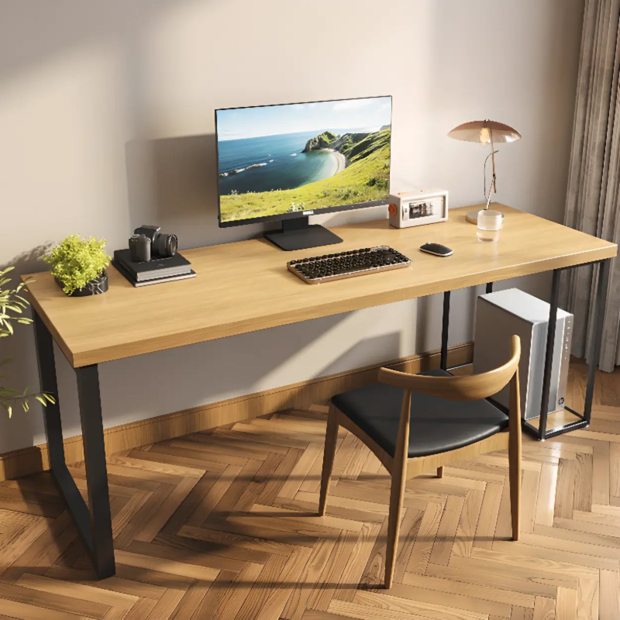Natural Finish Standard Wood Computer Desk with Shelves Image - 1
