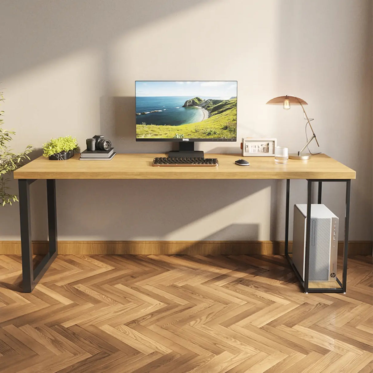 Natural Finish Standard Wood Computer Desk with Shelves Image - 2