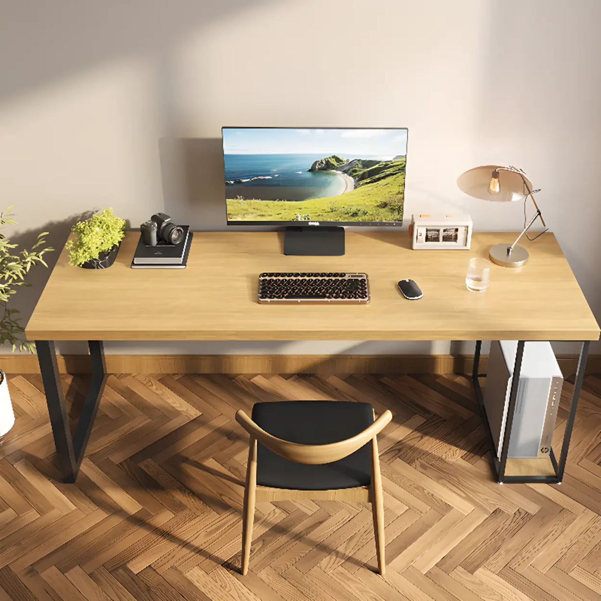 Natural Finish Standard Wood Computer Desk with Shelves Image - 4