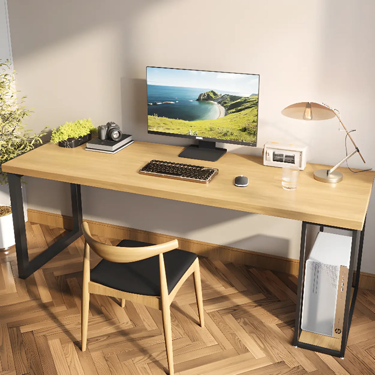 Natural Finish Standard Wood Computer Desk with Shelves Image - 5