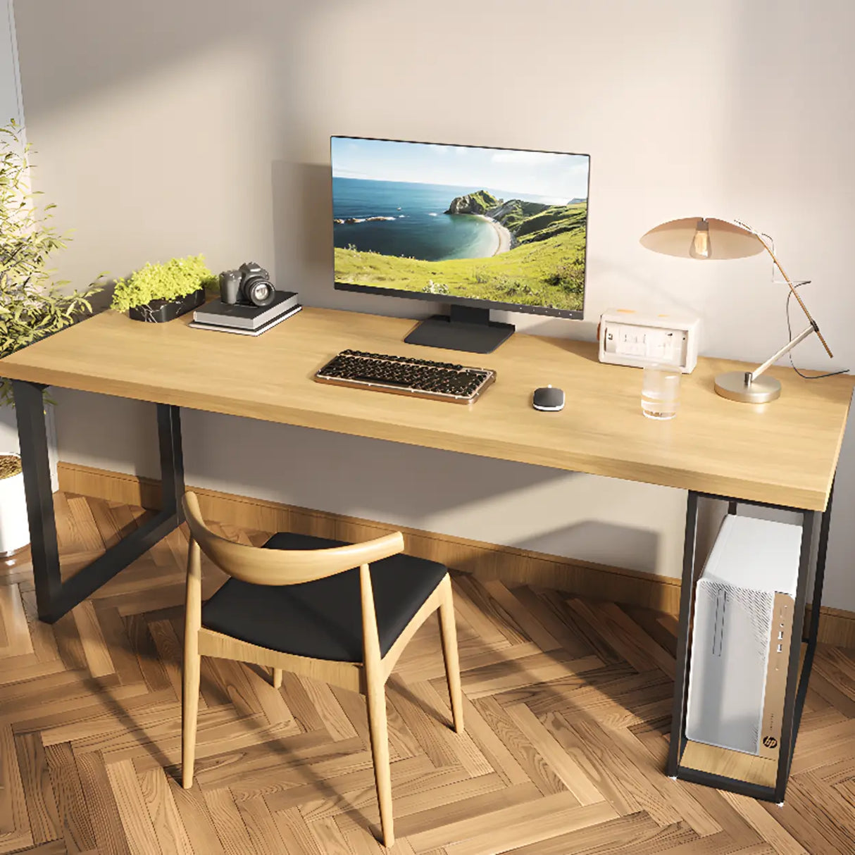 Natural Finish Standard Wood Computer Desk with Shelves Image - 6