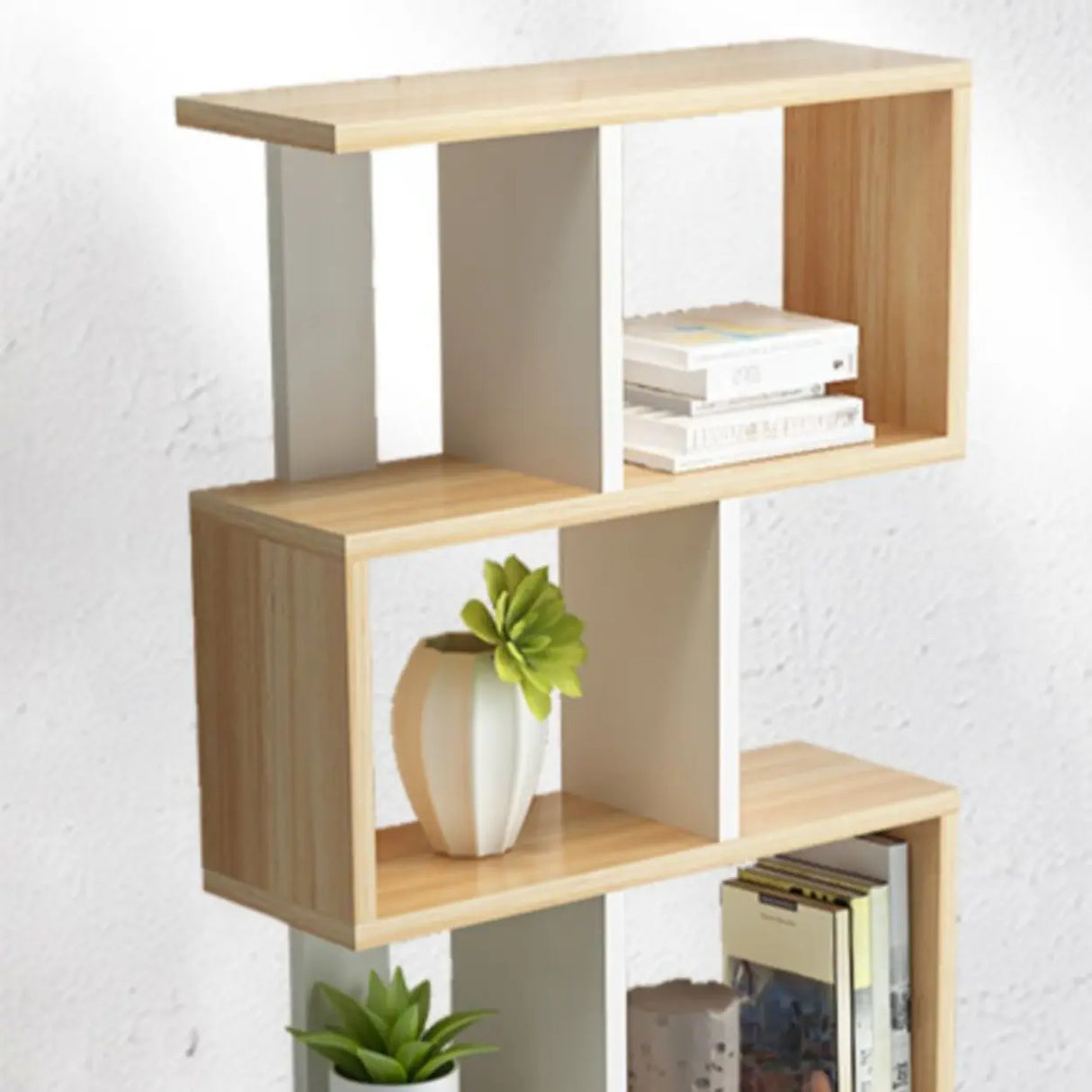 Natural Finish Stylish Tiered Open Geometric Bookshelf Image - 12