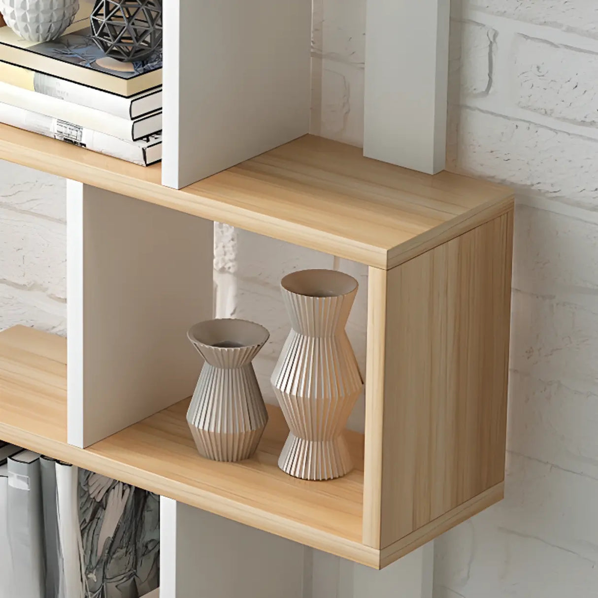 Natural Finish Stylish Tiered Open Geometric Bookshelf Image - 13